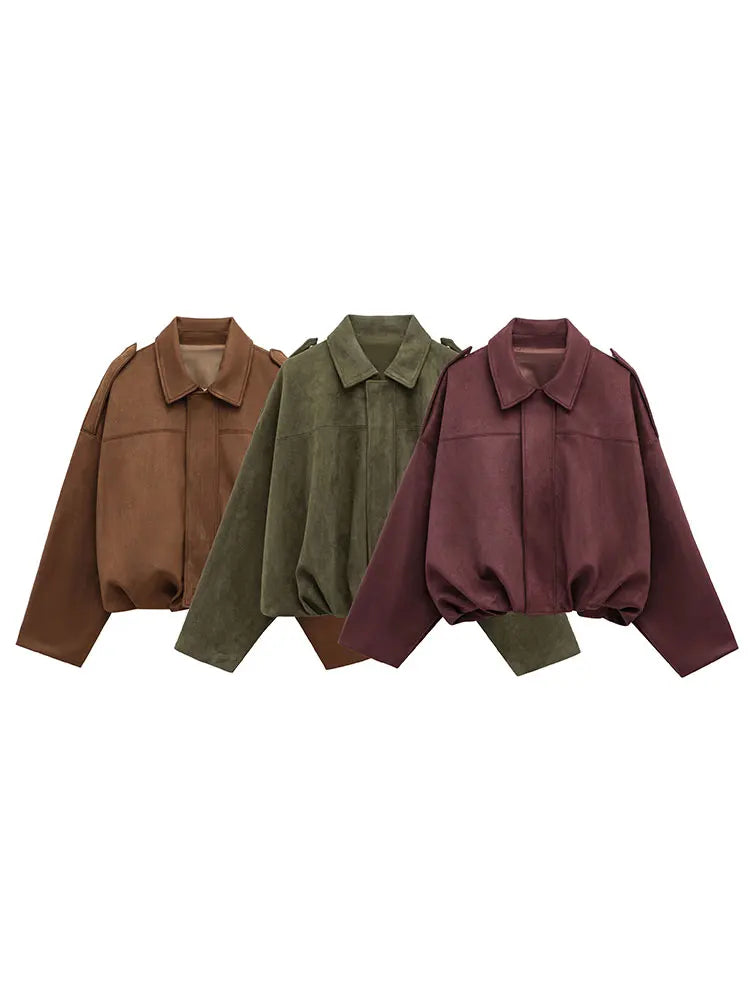 Women Brown Green Suede Jacket Loose
