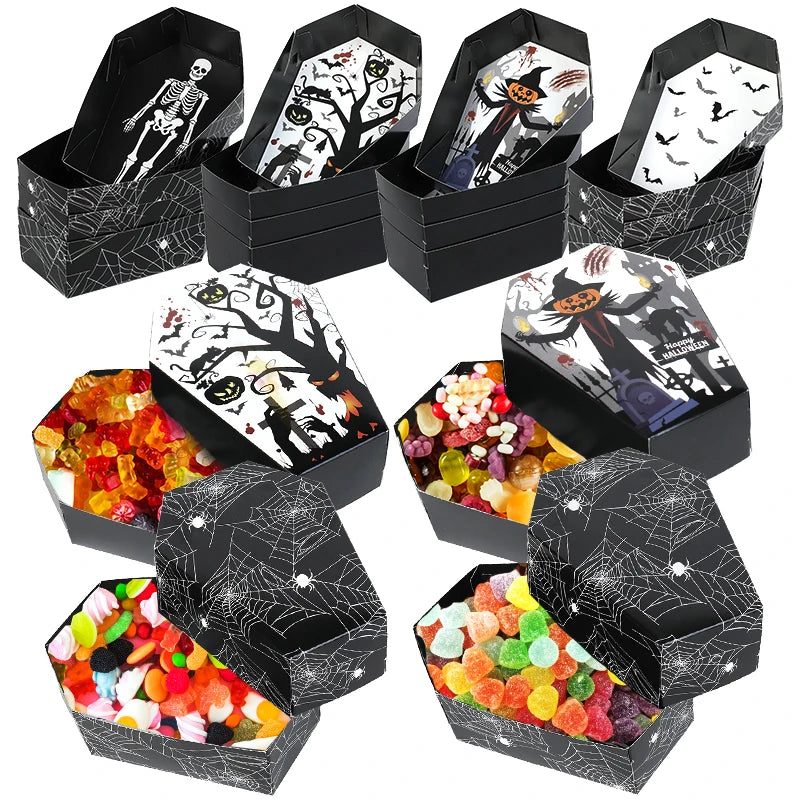 12/24Pcs Halloween Coffin Paper Food Serving Trays Candy