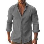 Shirt Men Cotton Linen Hawaiian Long Sleeve