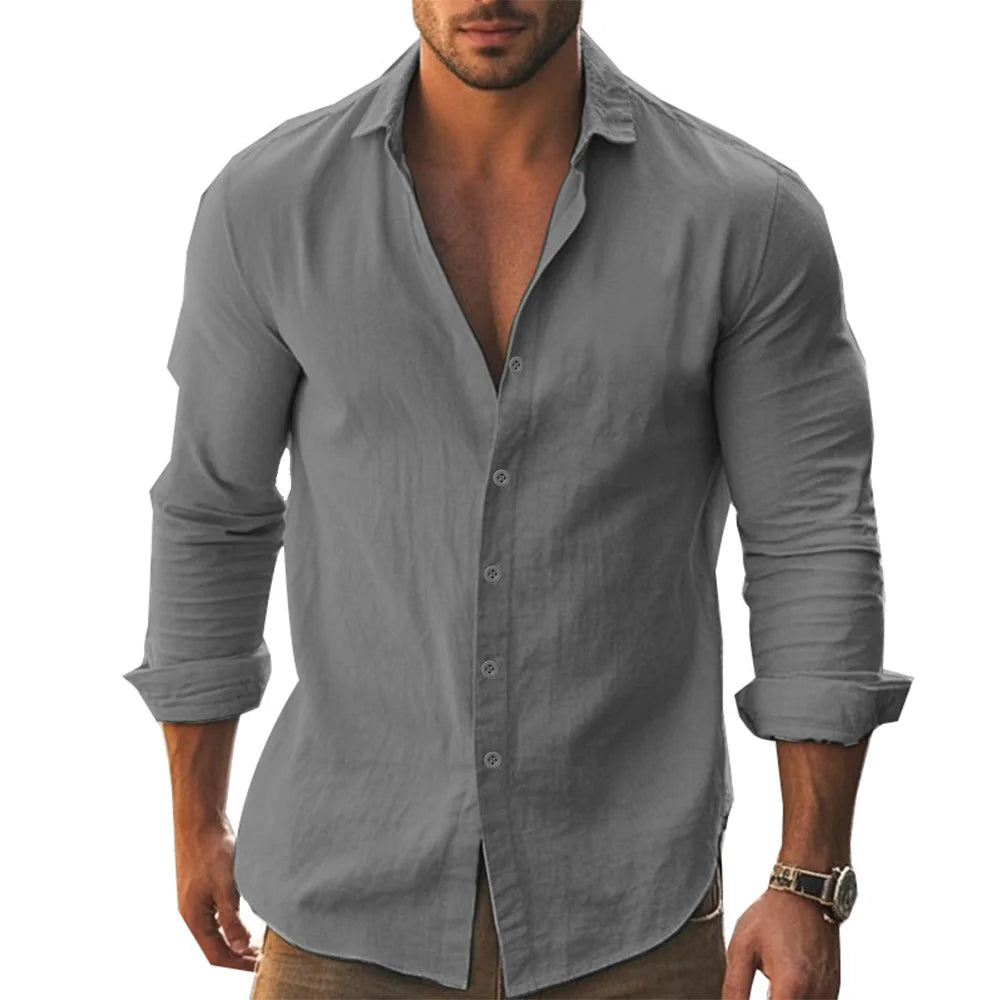 Shirt Men Cotton Linen Hawaiian Long Sleeve