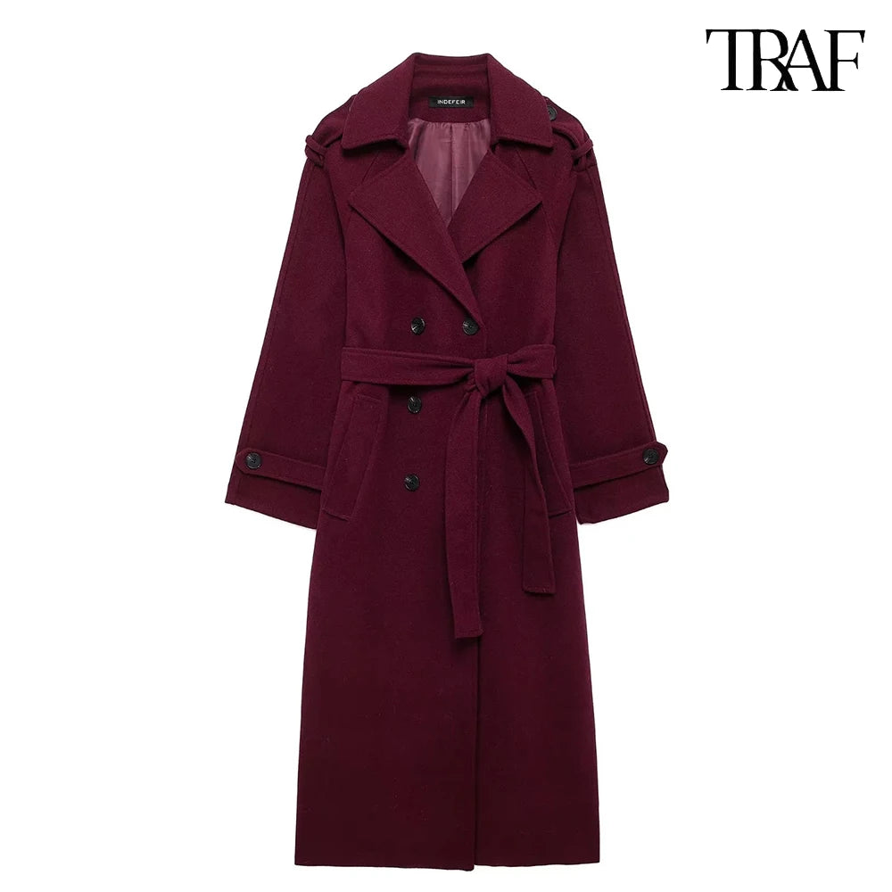 Burgundy with belt lapel tweed coat