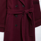 Burgundy with belt lapel tweed coat