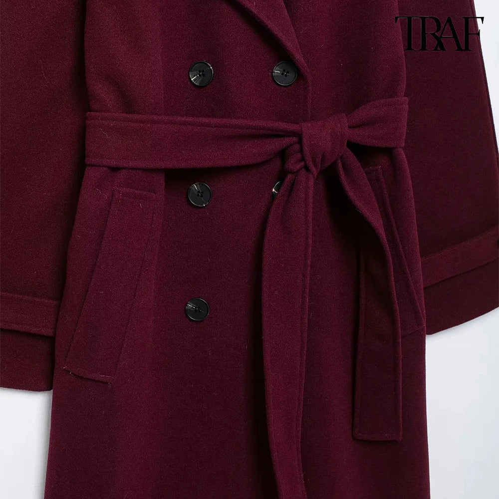 Burgundy with belt lapel tweed coat