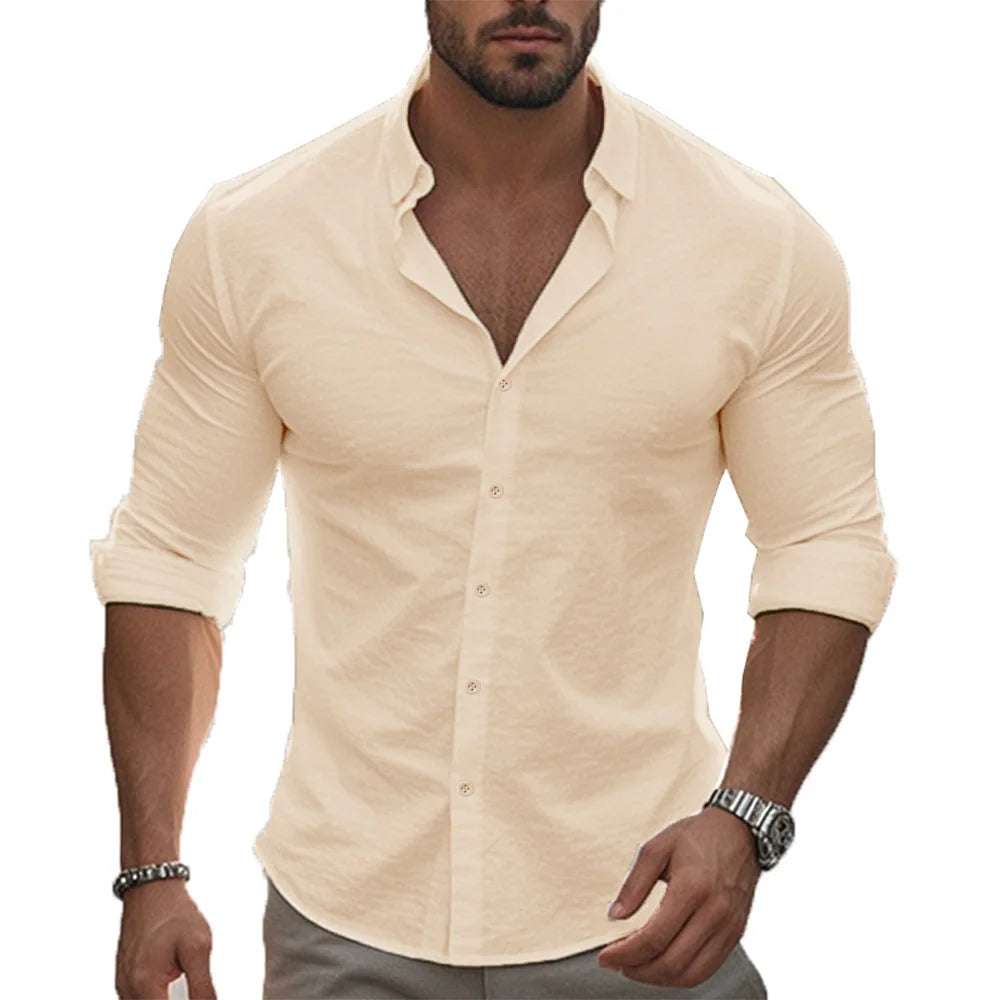 Shirt Men Cotton Linen Hawaiian Long Sleeve