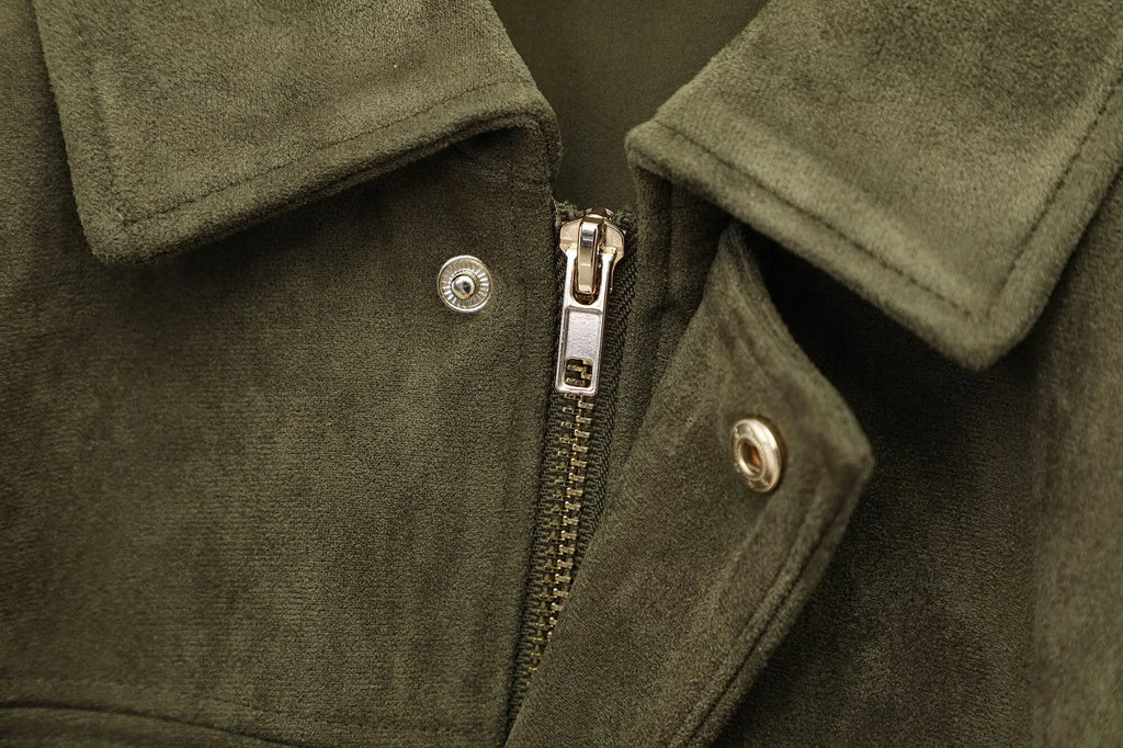 Women Brown Green Suede Jacket Loose