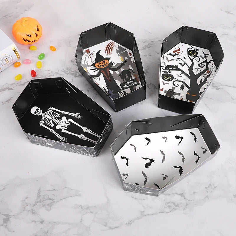 12/24Pcs Halloween Coffin Paper Food Serving Trays Candy