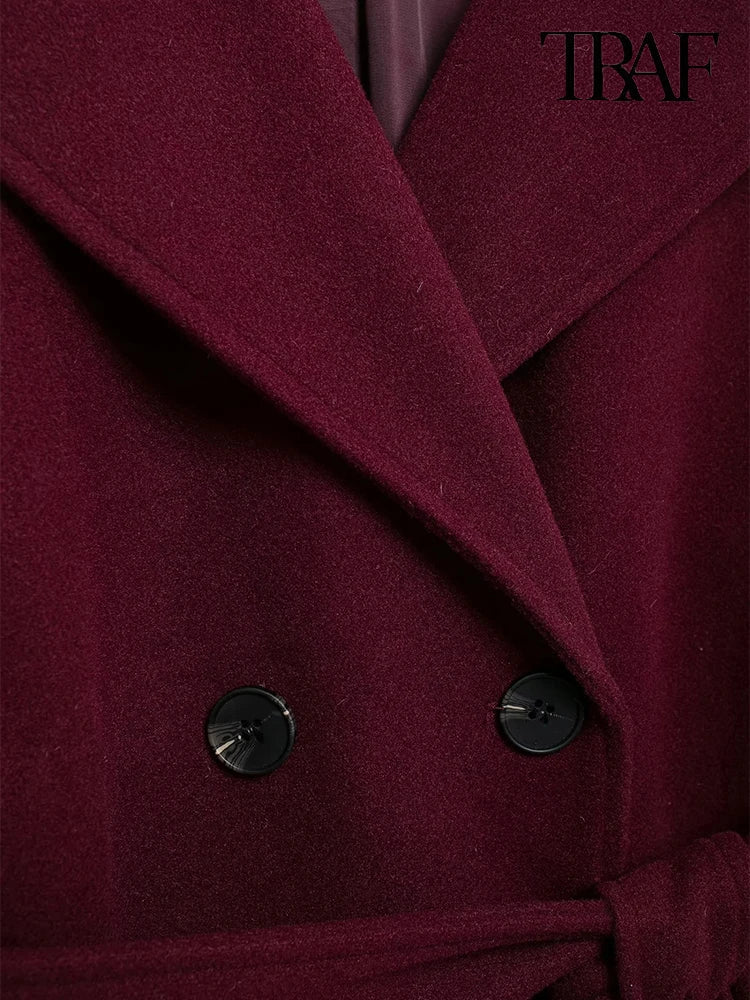 Burgundy with belt lapel tweed coat