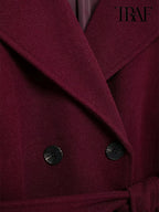 Burgundy with belt lapel tweed coat