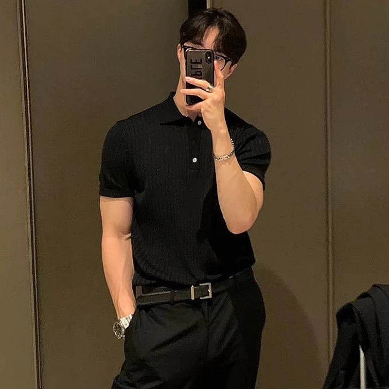 Clothing Retro Knit Lapel Striped Polo Shirt