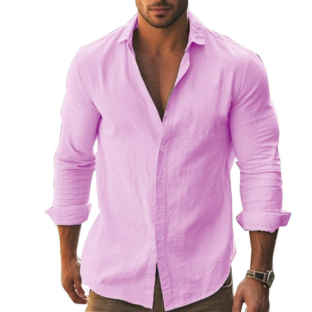 Shirt Men Cotton Linen Hawaiian Long Sleeve