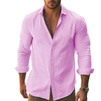 Shirt Men Cotton Linen Hawaiian Long Sleeve